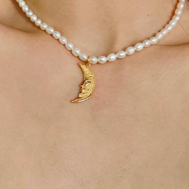 Genuine Pearl Necklace with Crescent Moon Pendant
