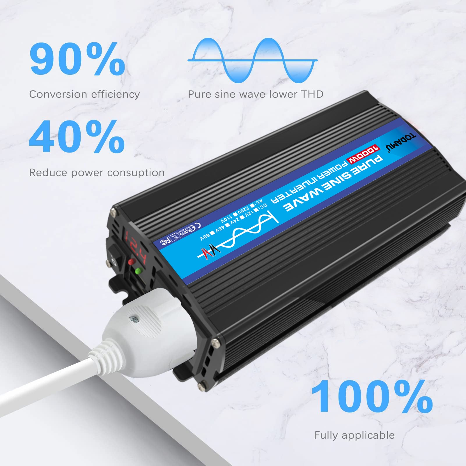 Power inverter with text highlighting conversion efficiency, wave quality, and applicability on a light background