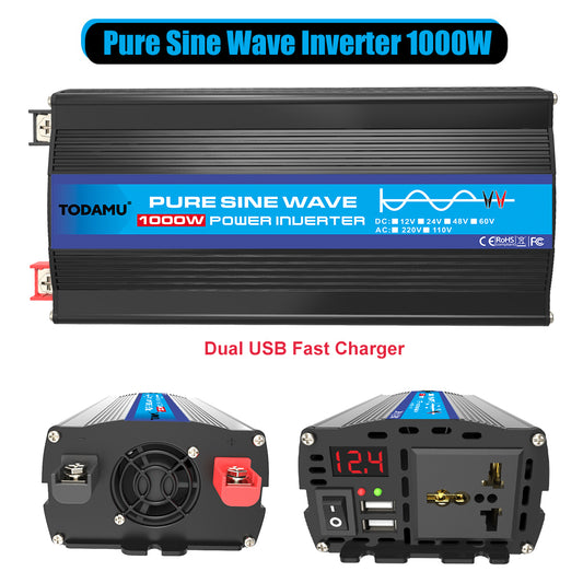 Todamu pure sine wave power inverter with dual USB fast charger on a white background