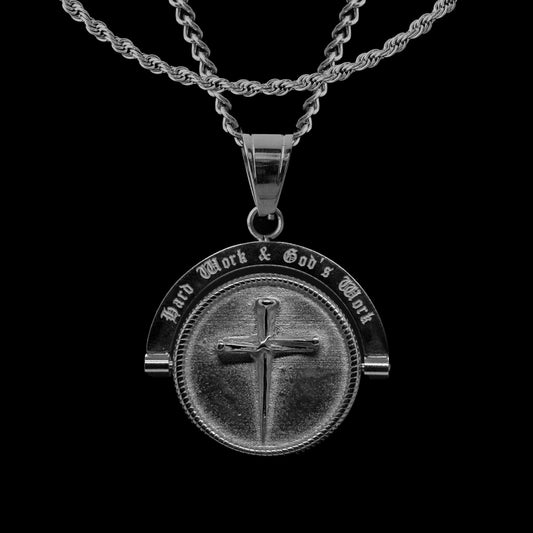 'Hard Work & God's Work' - Double Sided Pendant ( Silver )