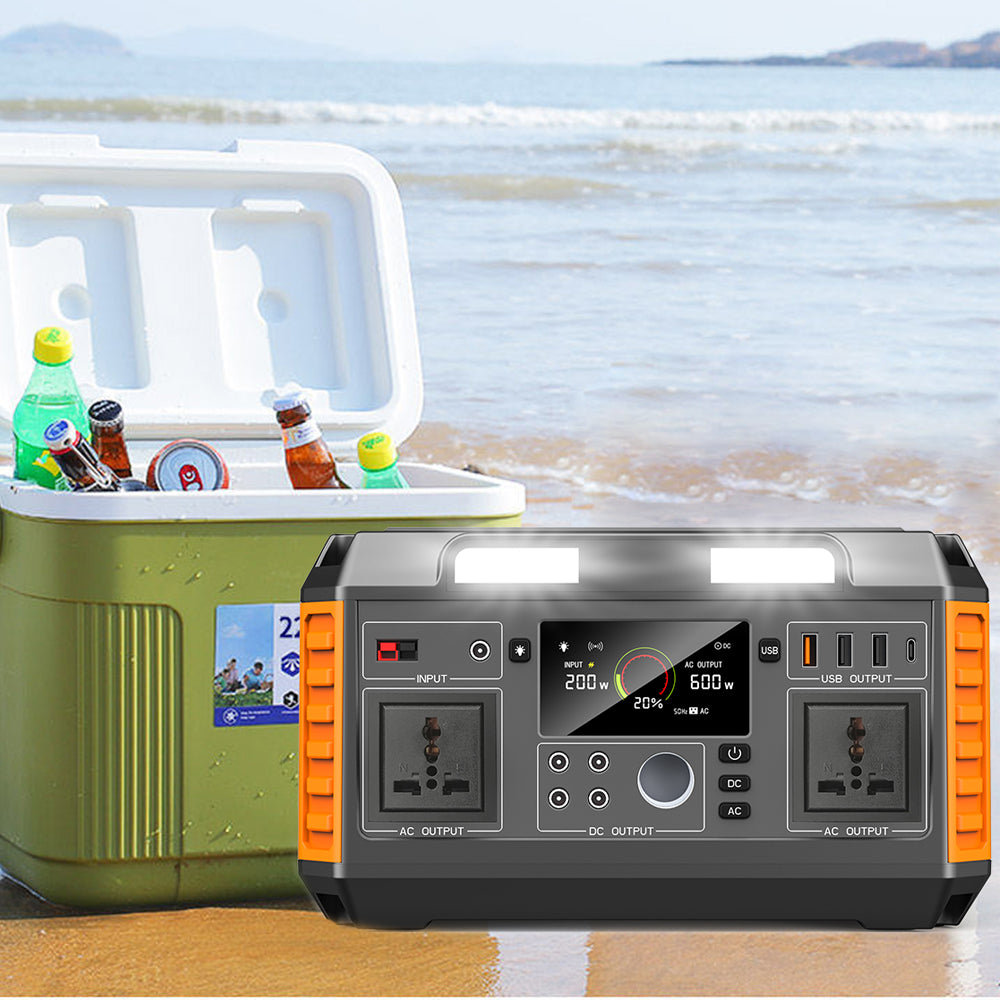 Portable power station with a cooler by the beach
