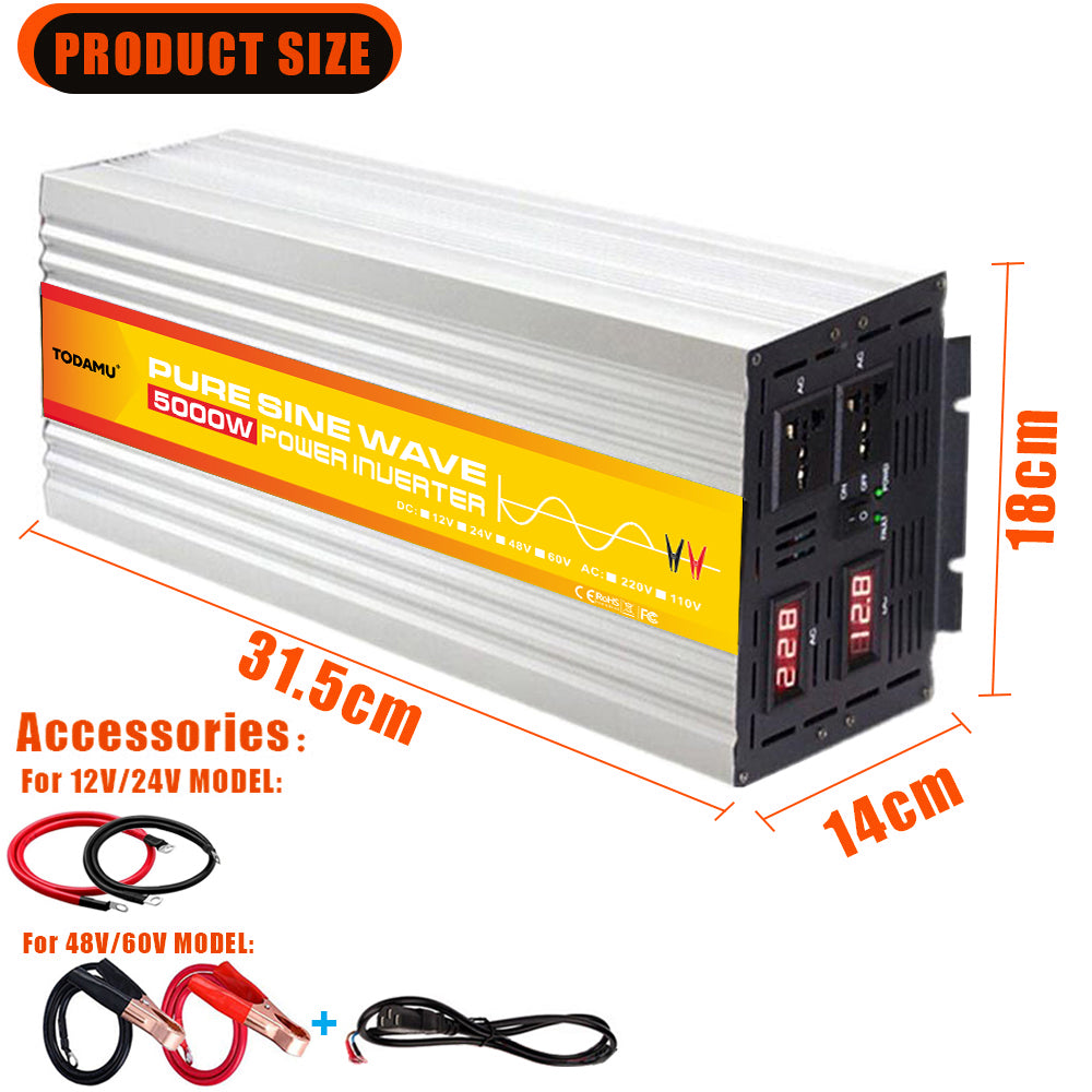 Power inverter with dimensions and accessories on a white background