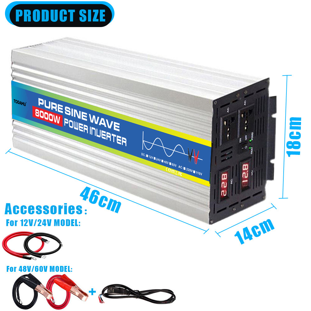 Pure sine wave power inverter with dimensions and accessories on a white background