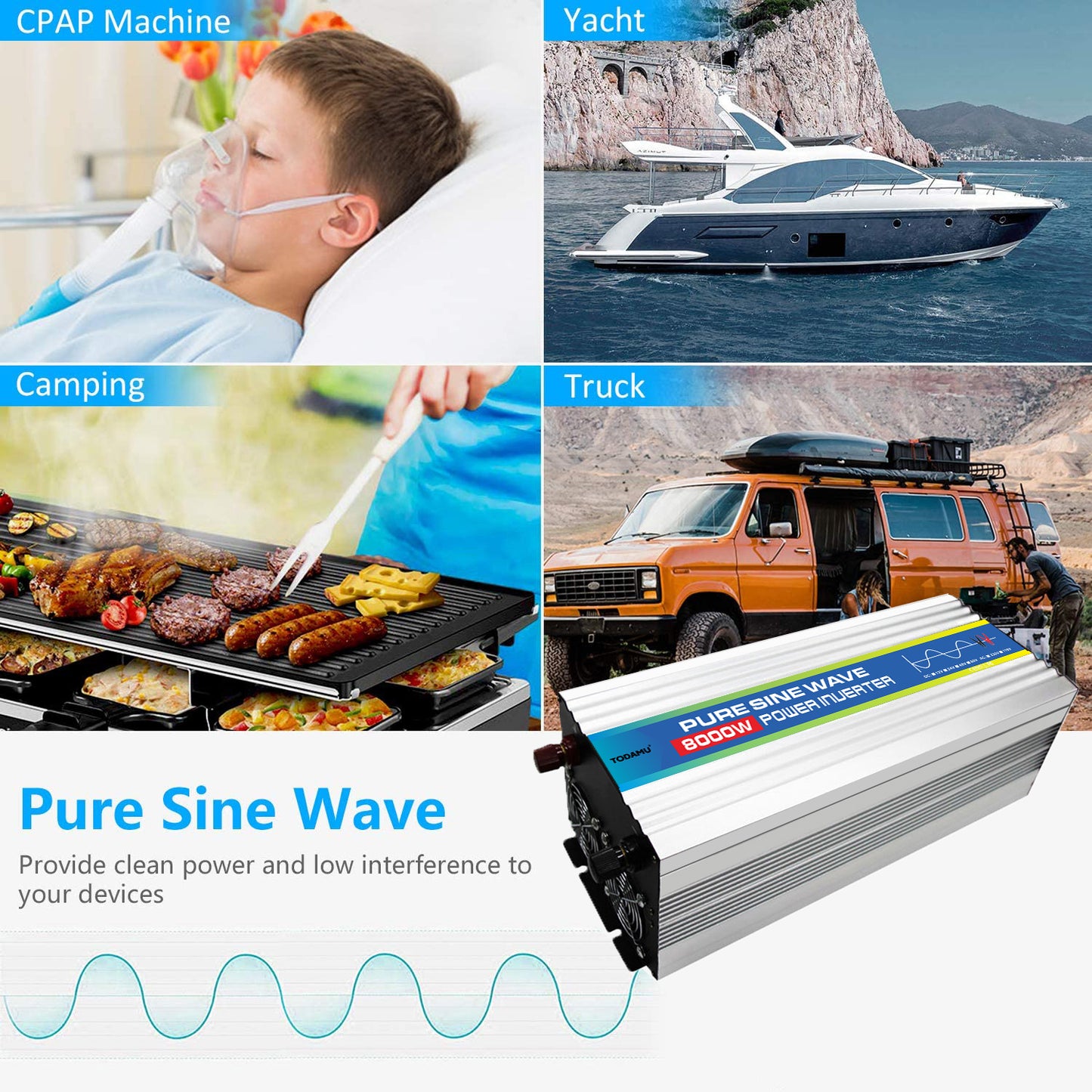 Collage of images showing a CPAP machine, yacht, camping scene, and truck with a power inverter labeled 'Pure Sine Wave'.