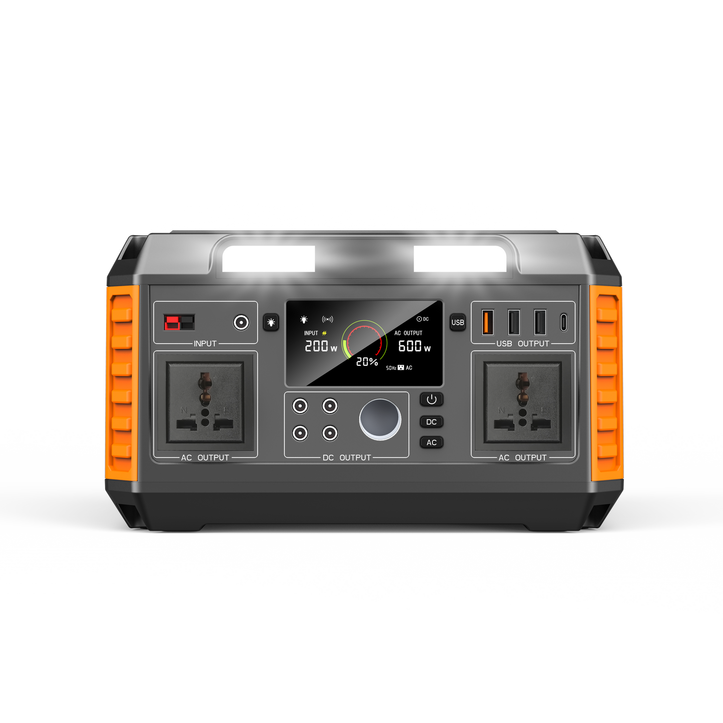 Portable power station with digital display and multiple outlets on a white background