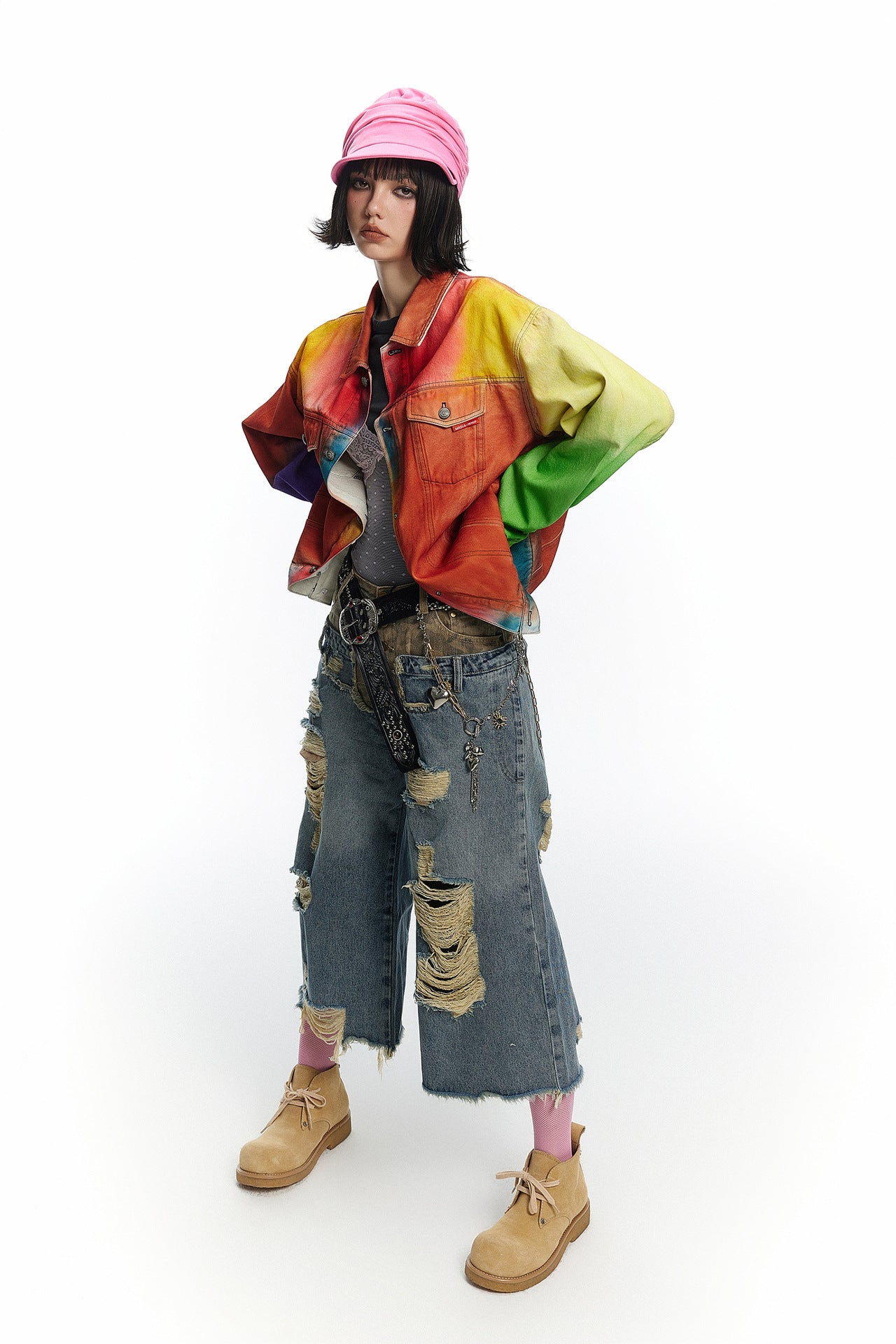 TODAMU® Women's American Retro Rainbow Vintage Reworked Denim Jacket