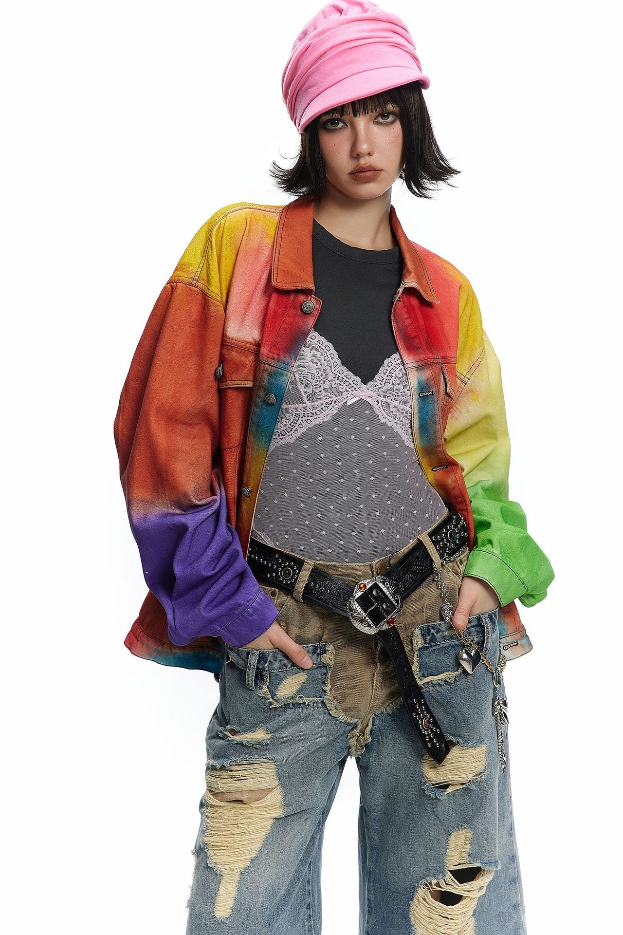TODAMU® Women's American Retro Rainbow Vintage Reworked Denim Jacket