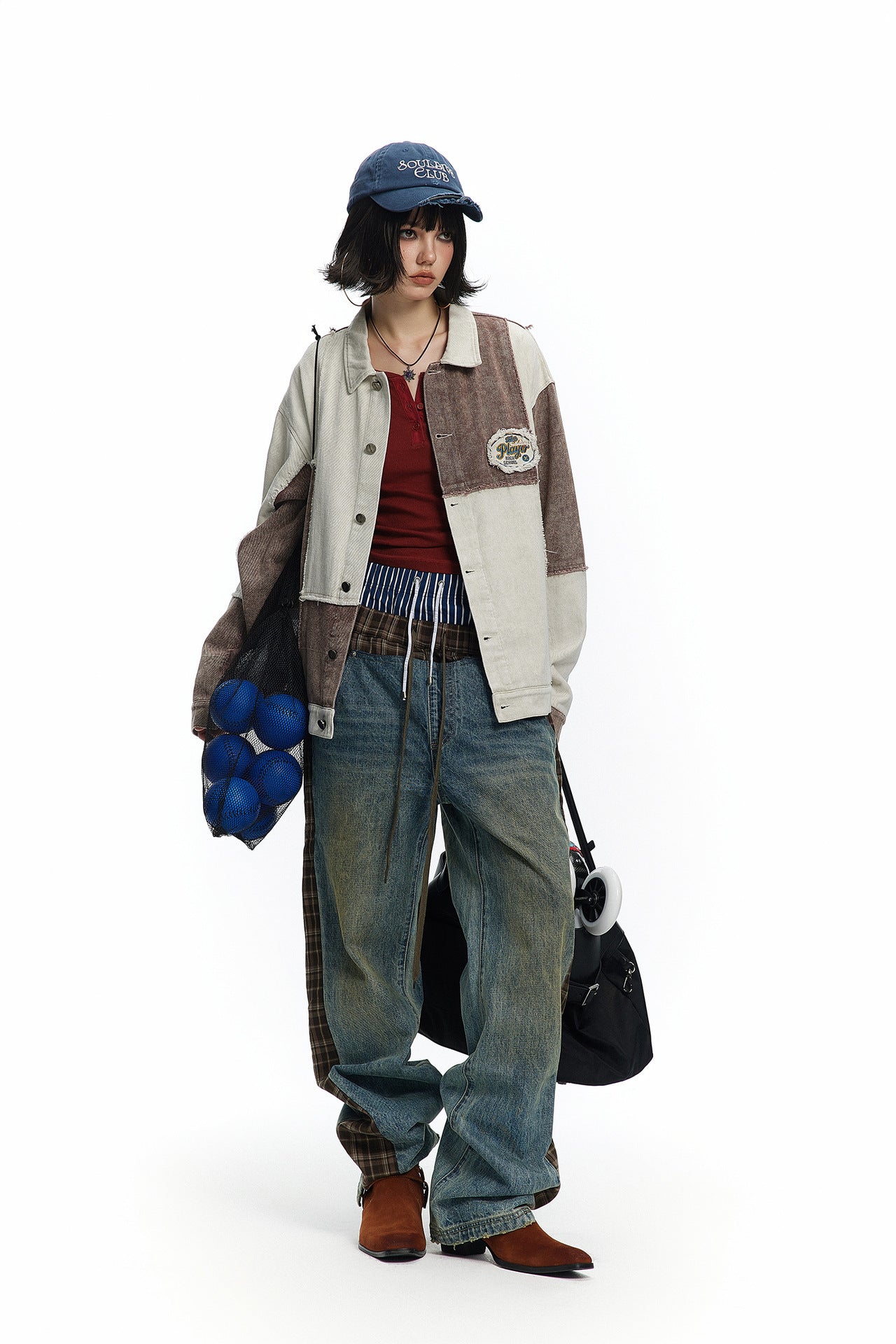 TODAMU® Women's American retro colorblock embroidered washed jacket