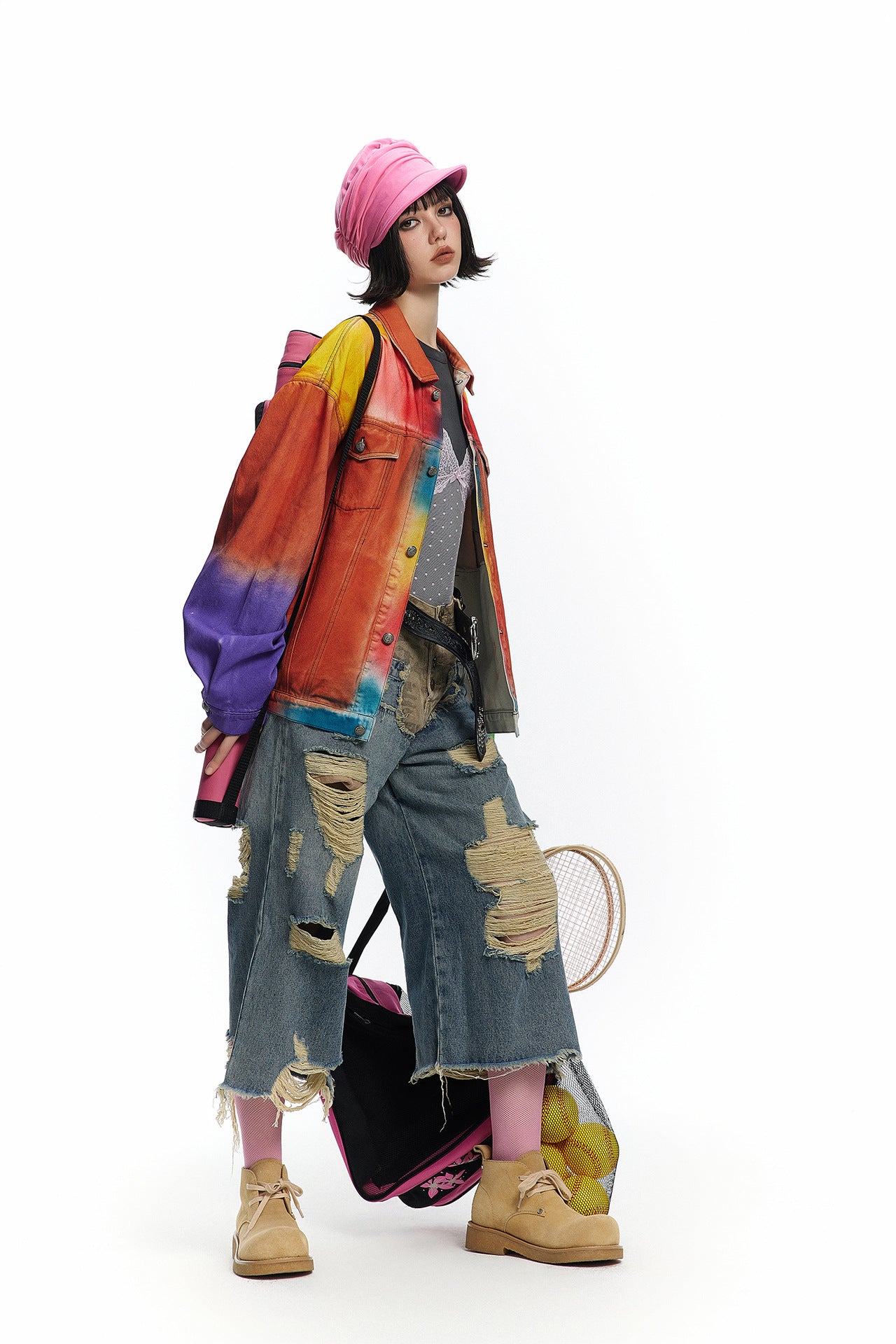 TODAMU® Women's American Retro Rainbow Vintage Reworked Denim Jacket