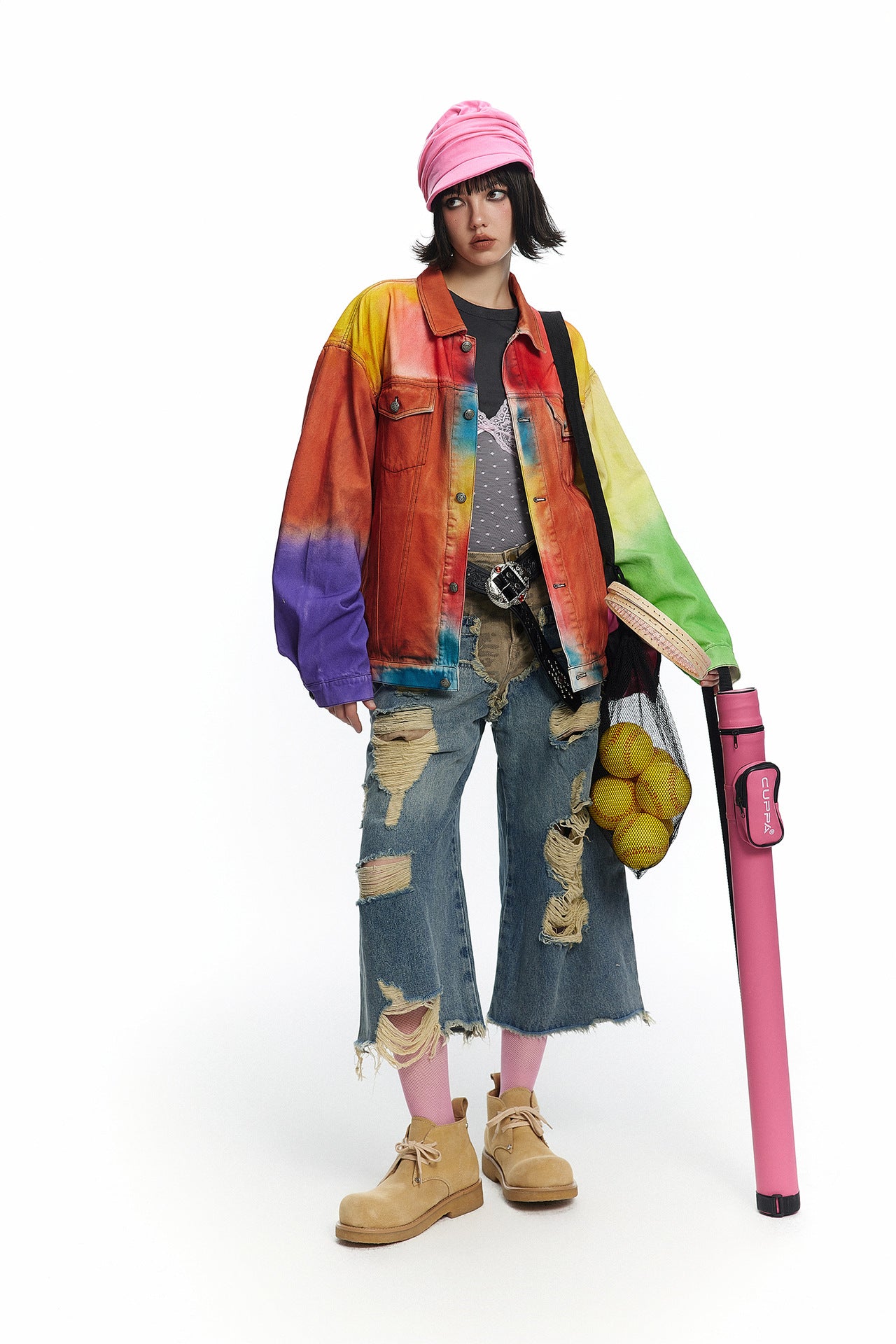 TODAMU® Women's American Retro Rainbow Vintage Reworked Denim Jacket