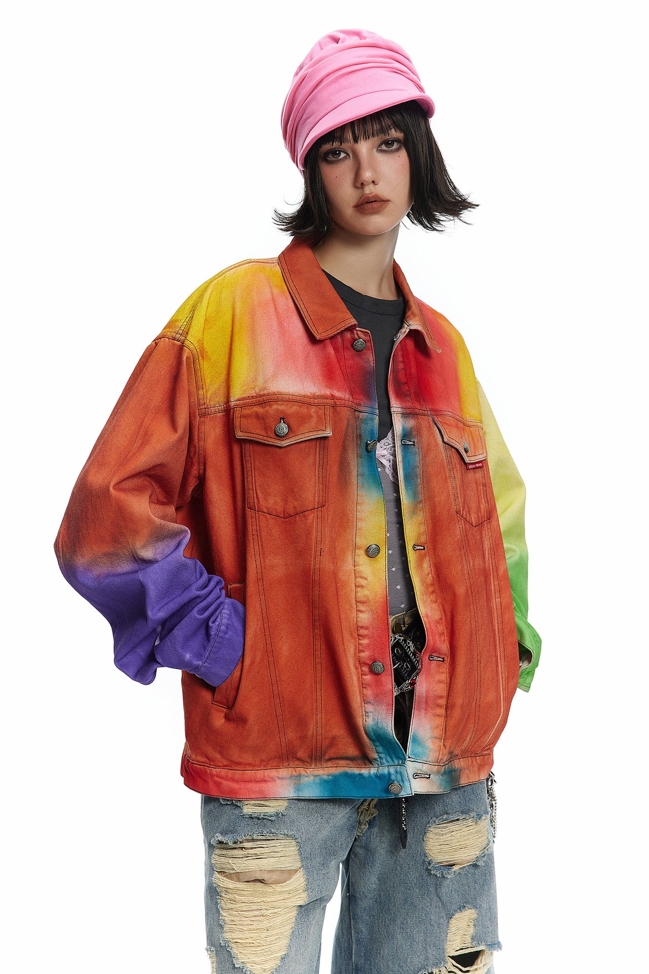 TODAMU® Women's American Retro Rainbow Vintage Reworked Denim Jacket