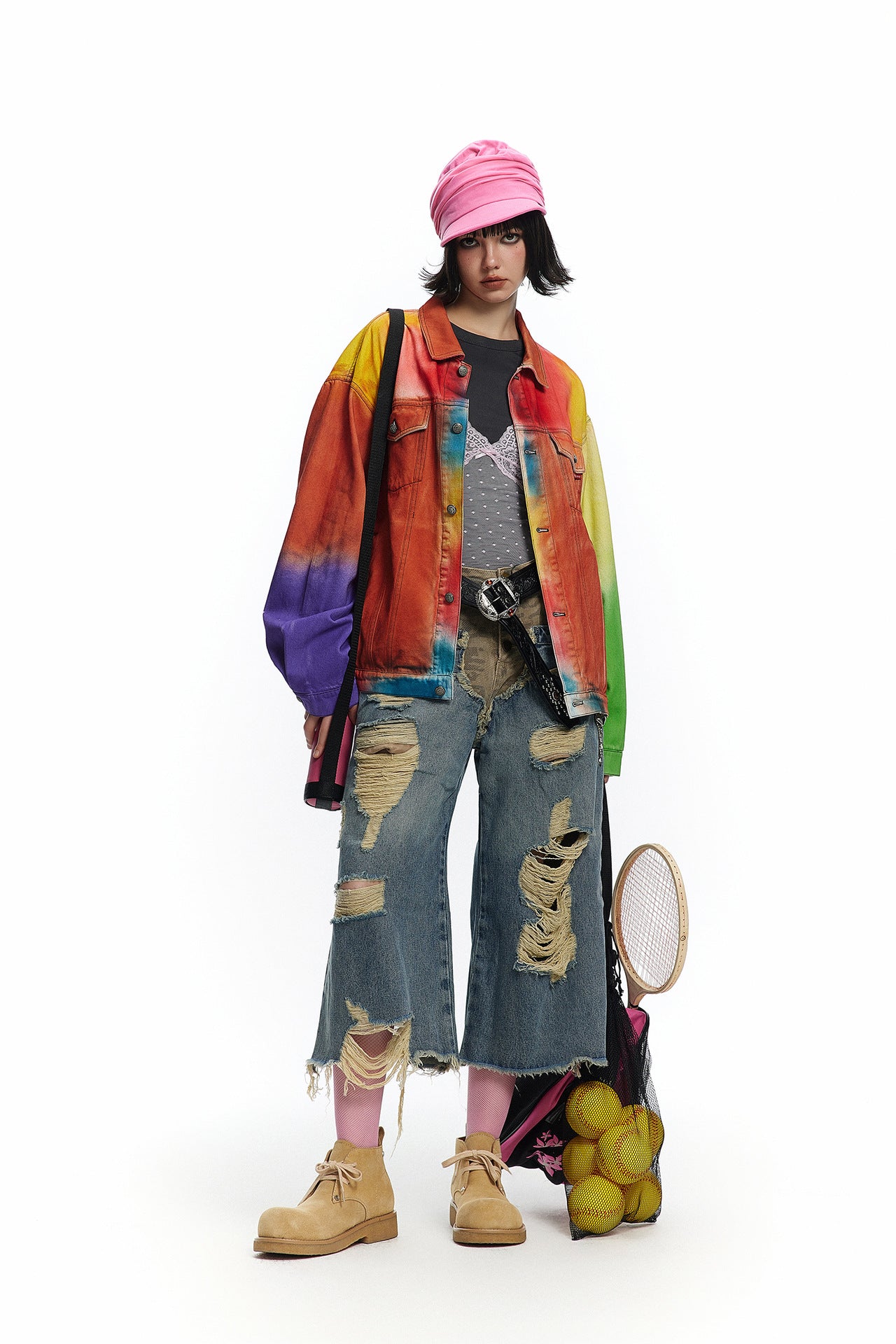 TODAMU® Women's American Retro Rainbow Vintage Reworked Denim Jacket