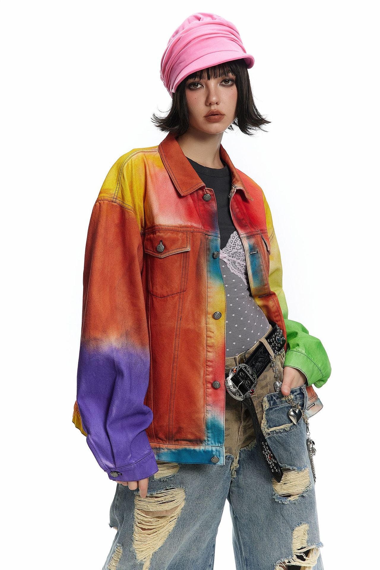 TODAMU® Women's American Retro Rainbow Vintage Reworked Denim Jacket