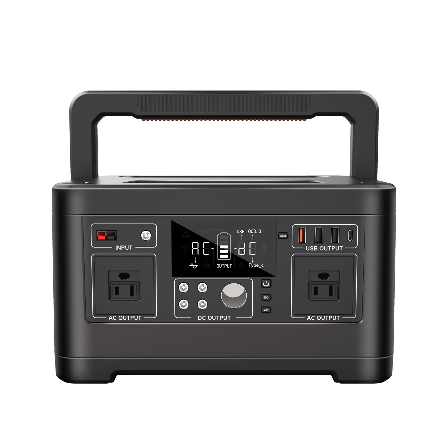 Black portable power station with multiple outlets and display on a white background