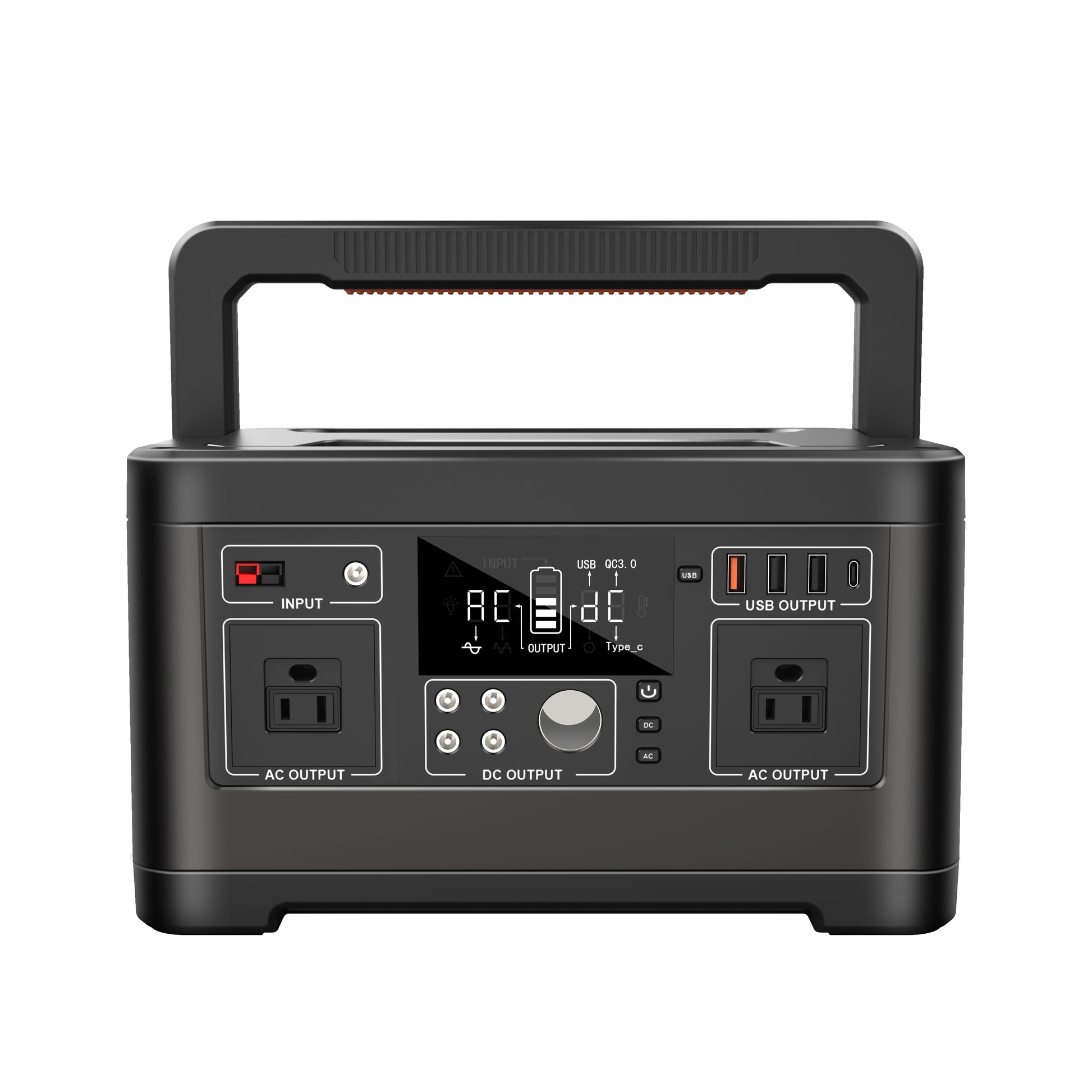 Black portable power station with multiple outlets and display on a white background