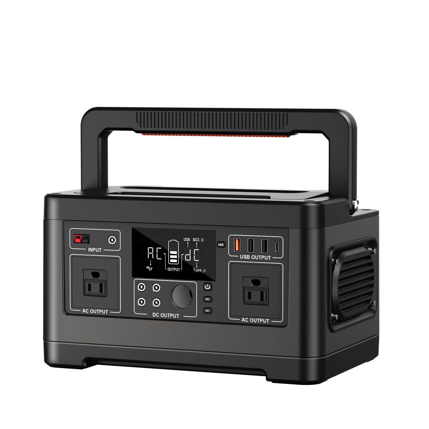 Black portable power station with digital display on a white background
