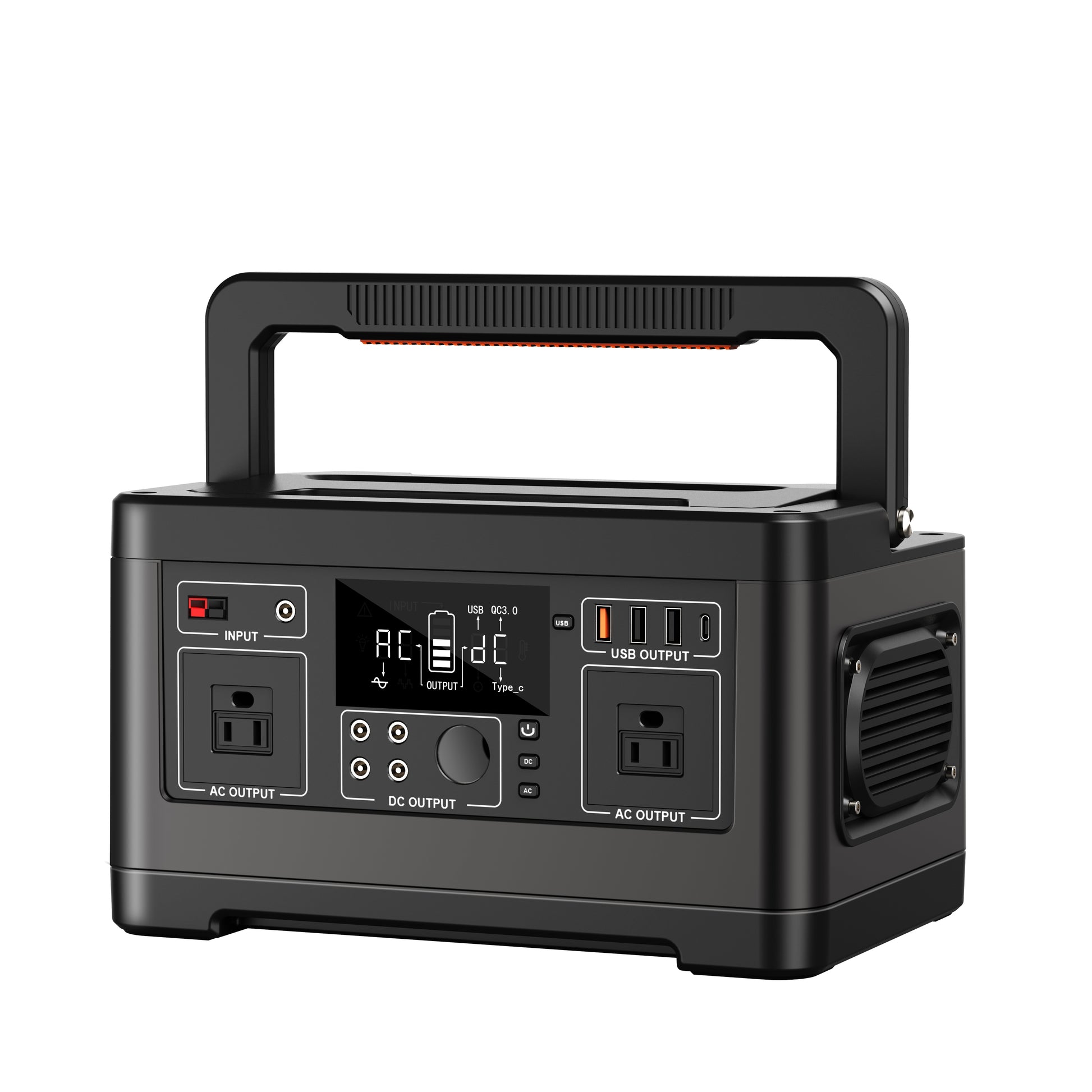 Black portable power station with digital display on a white background