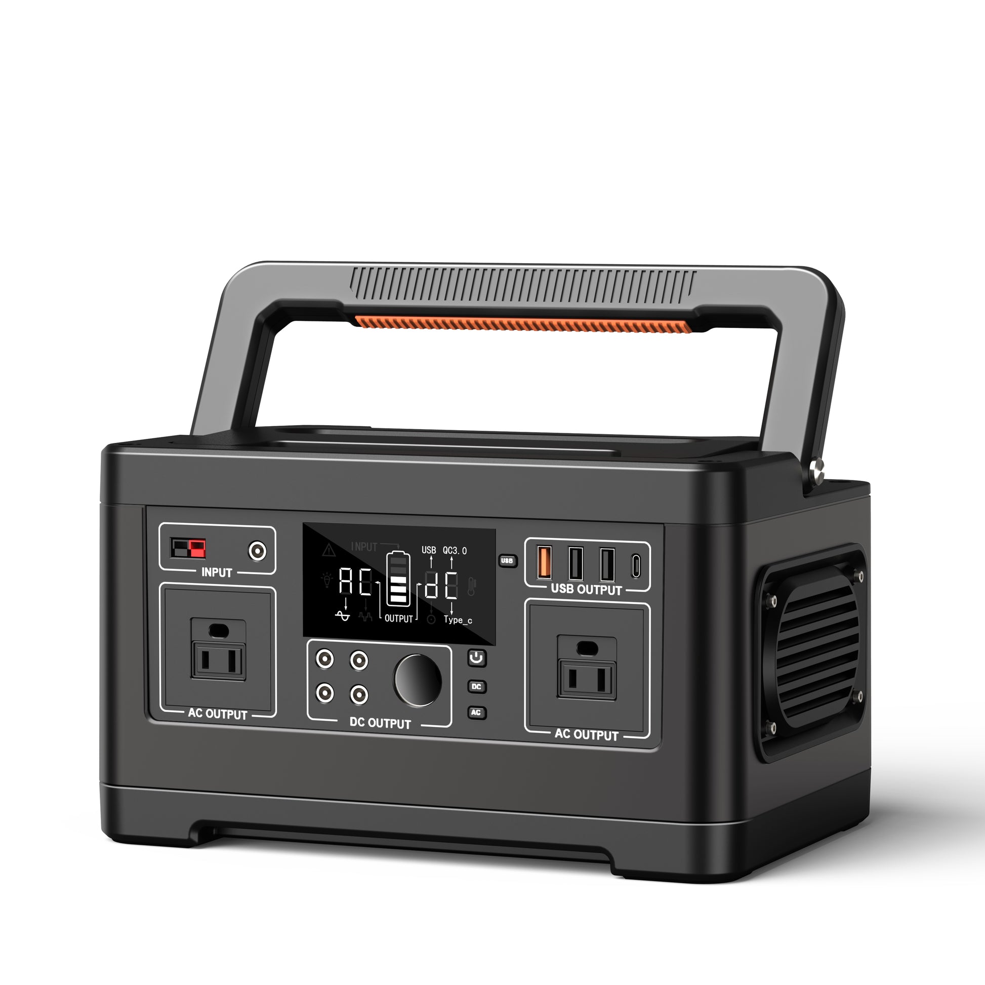 Black portable power station with multiple outlets and display on a white background
