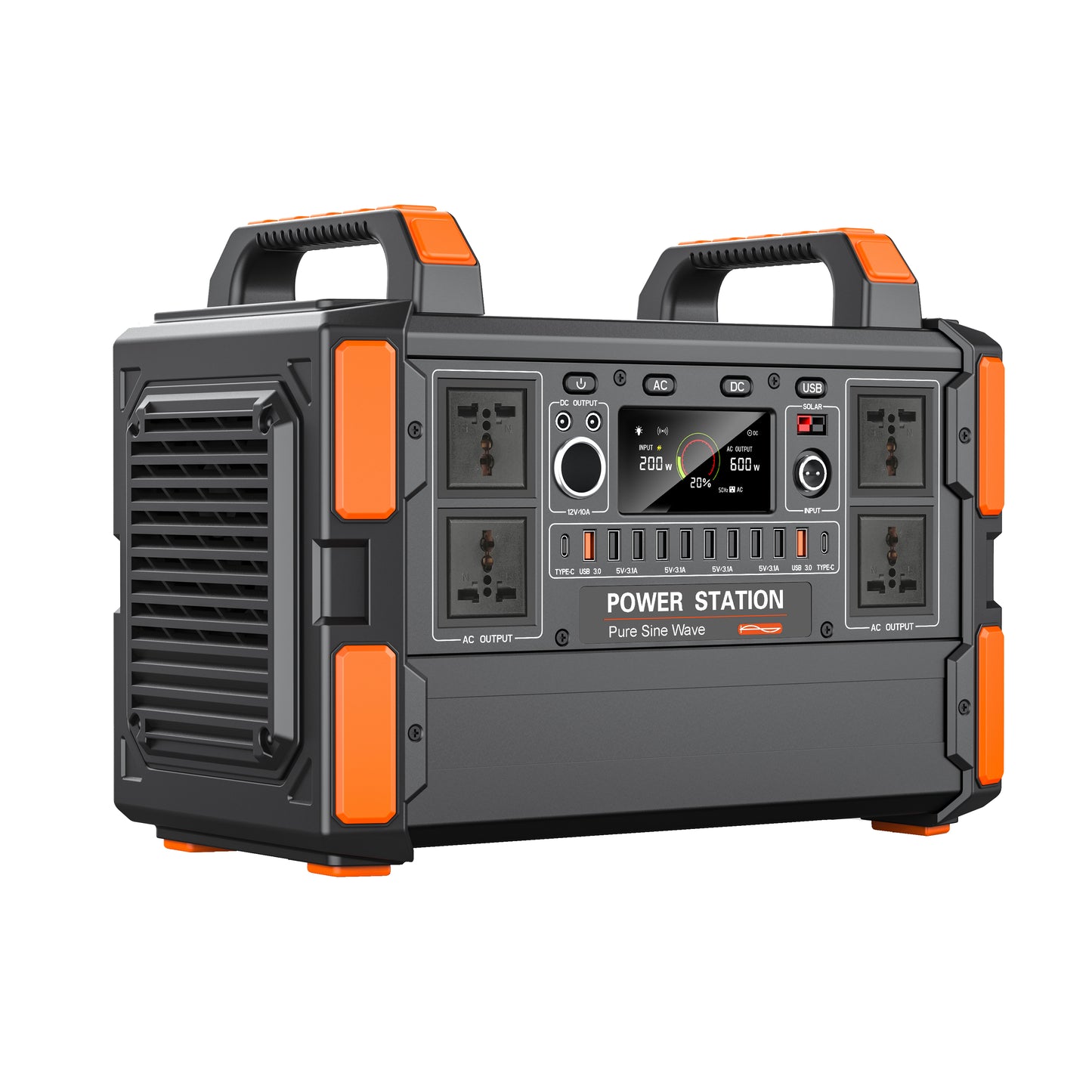 Portable power station with orange accents on a white background