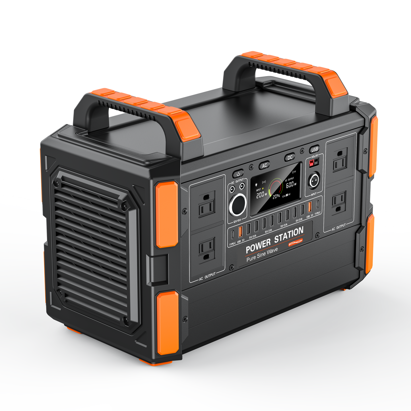 Portable power station with orange accents on a white background