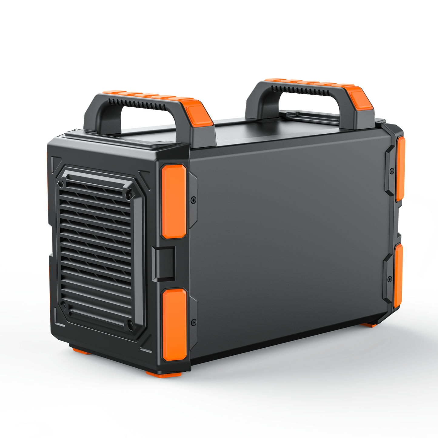 Portable power station with black and orange design on a white background
