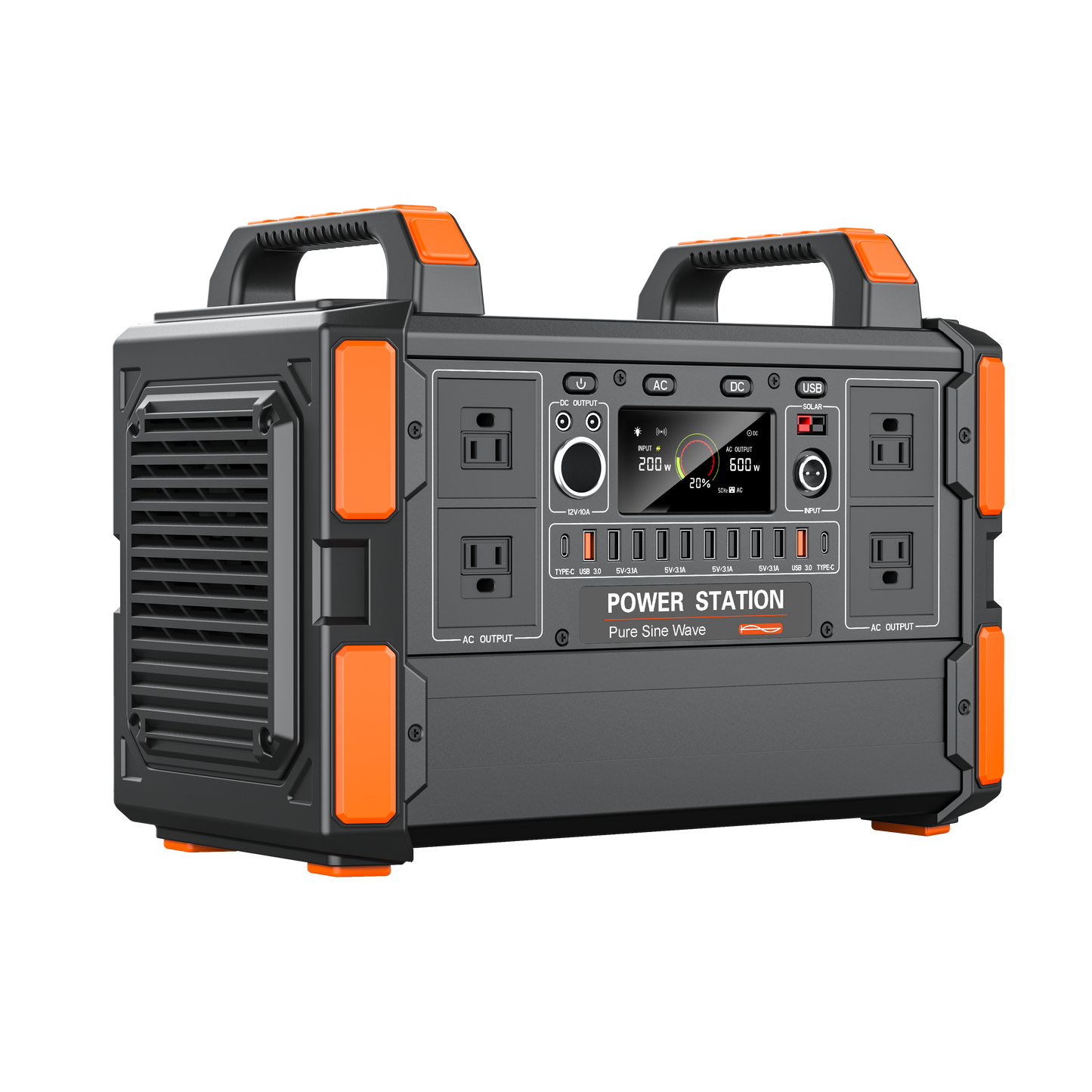 Portable power station with orange accents on a white background