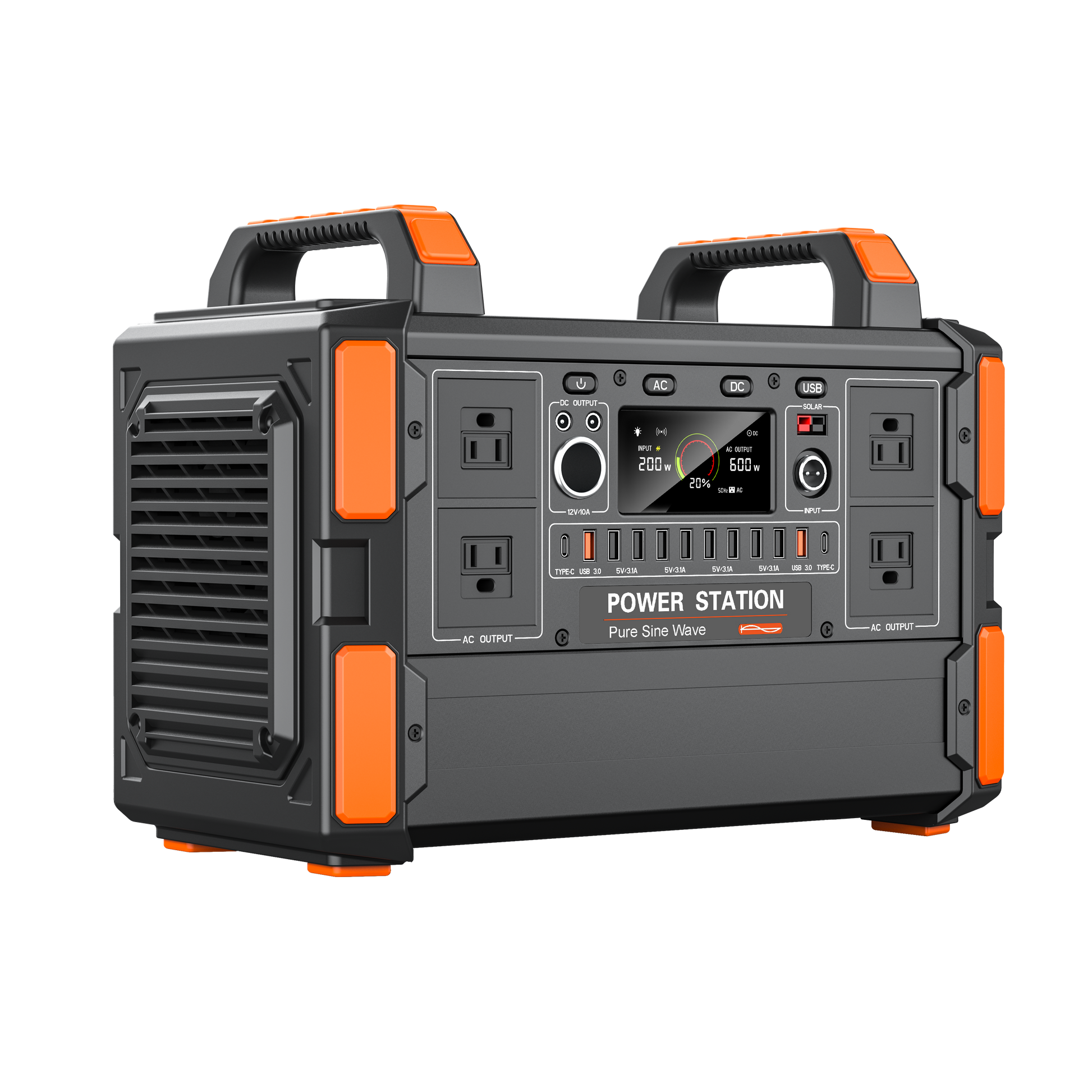 Portable power station with orange accents on a white background