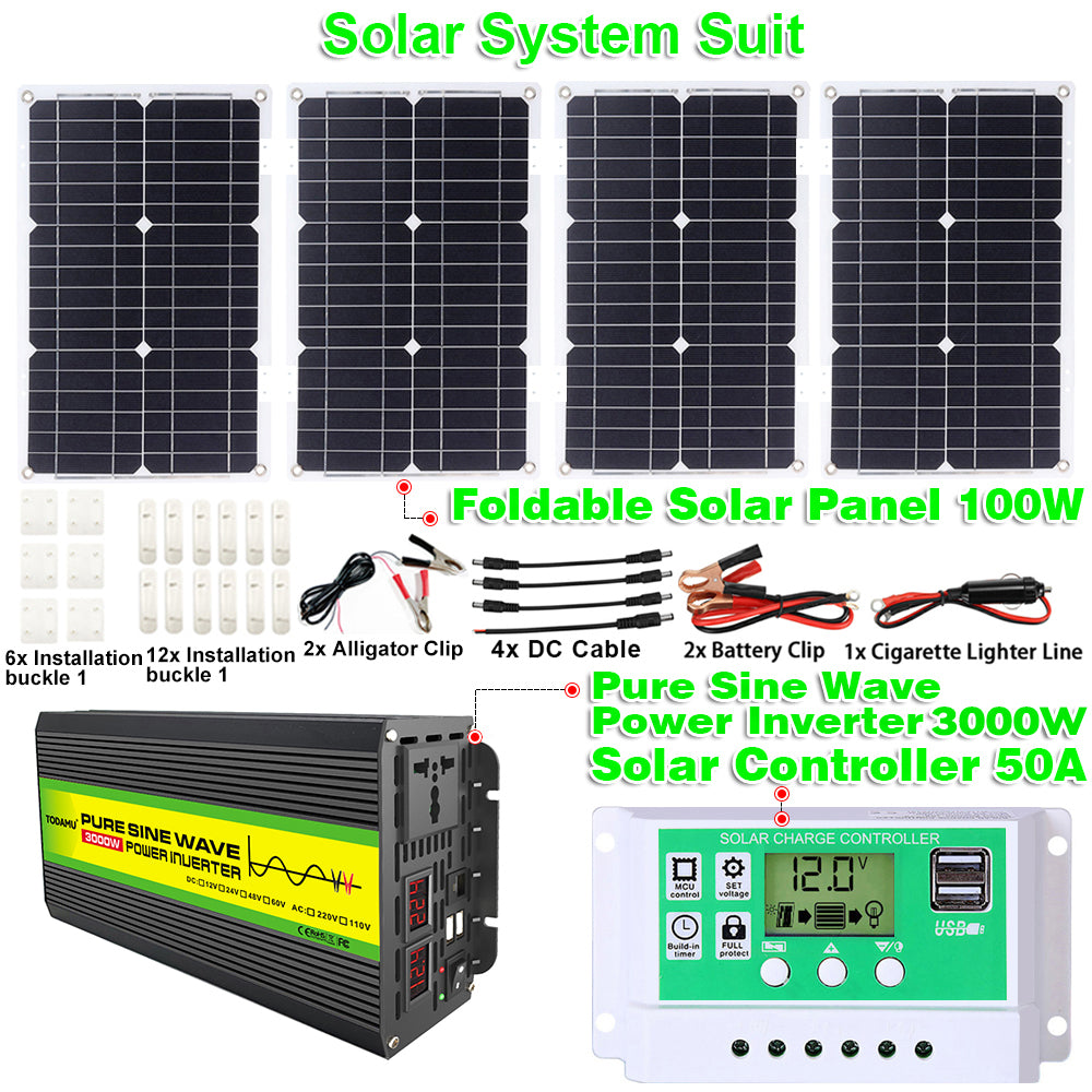 12V to 220V/110V 3000W Pure Sine Wave Inverter with Solar panel and 50A solar controller