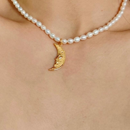 Genuine Pearl Necklace with Crescent Moon Pendant