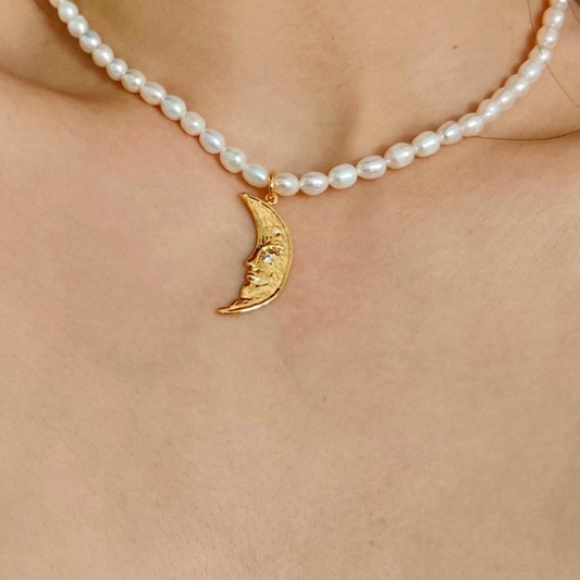 Genuine Pearl Necklace with Crescent Moon Pendant