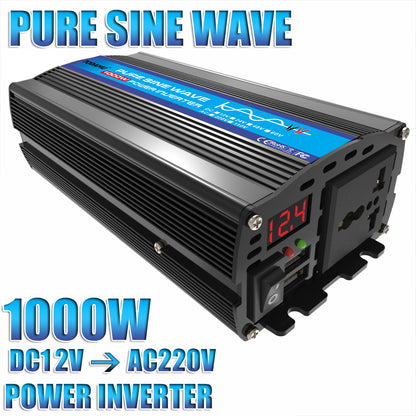 1000W pure sine wave power inverter with display on a white background