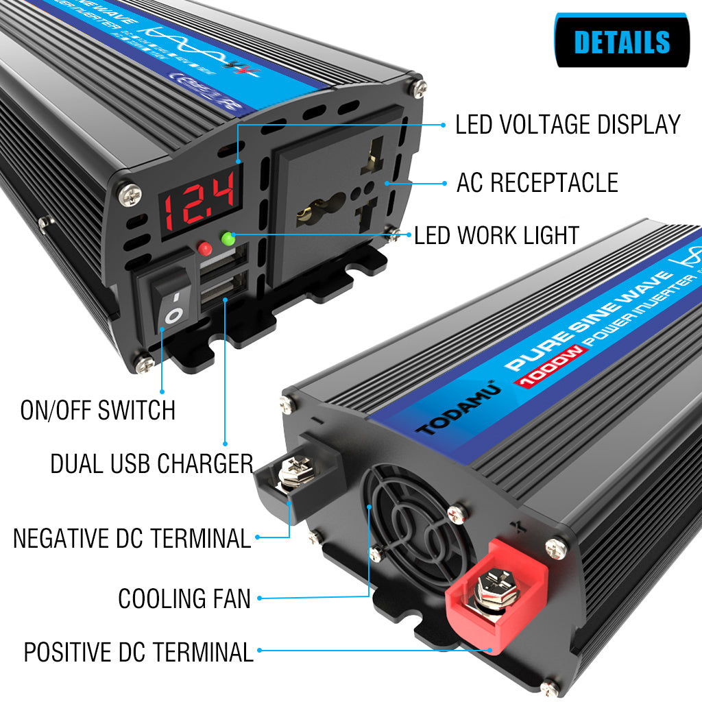 Power inverter with labeled features on a white background
