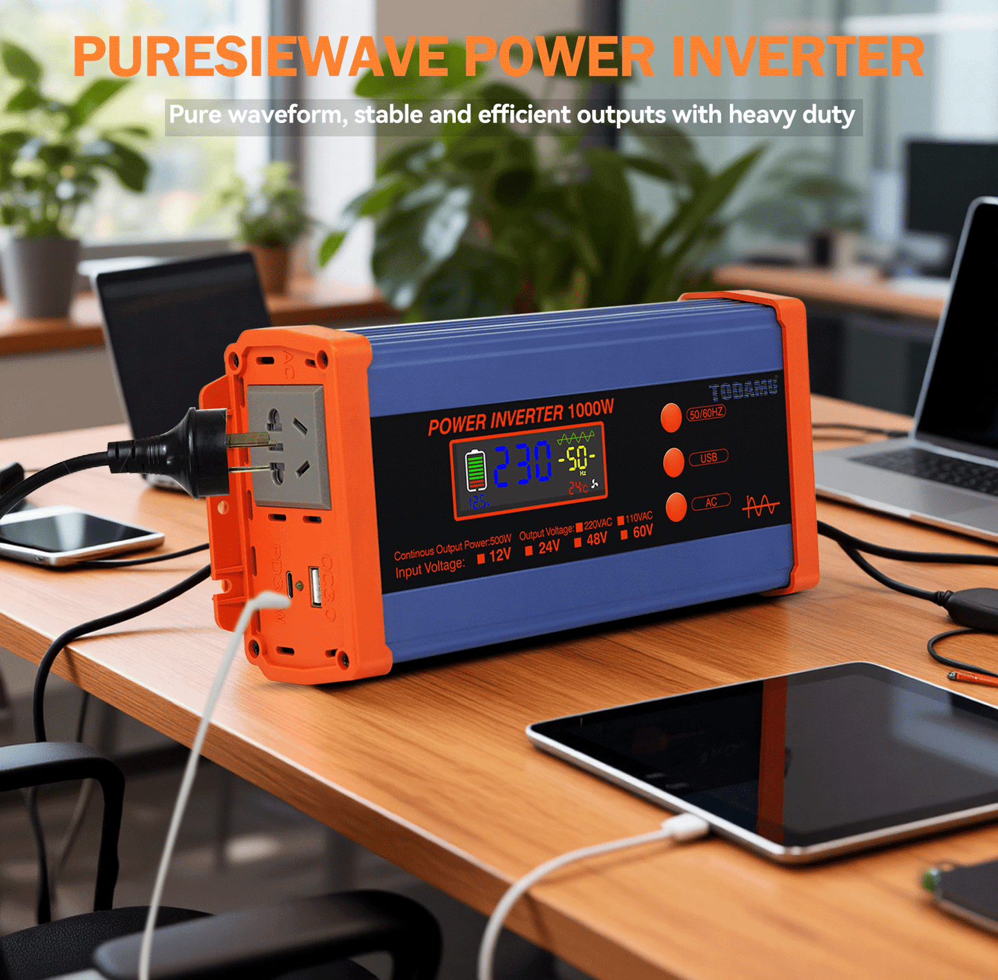 1000W Pure Sine Power Inverter 12V DC to 110V/220V AC,  Full-Function LCD Display