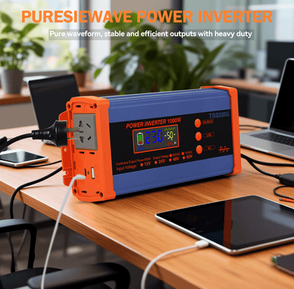 1000W Pure Sine Power Inverter 12V DC to 110V/220V AC,  Full-Function LCD Display
