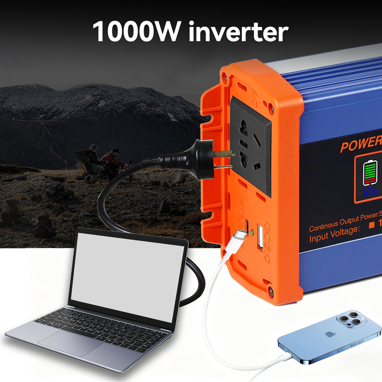 1000W Pure Sine Power Inverter 12V DC to 110V/220V AC,  Full-Function LCD Display