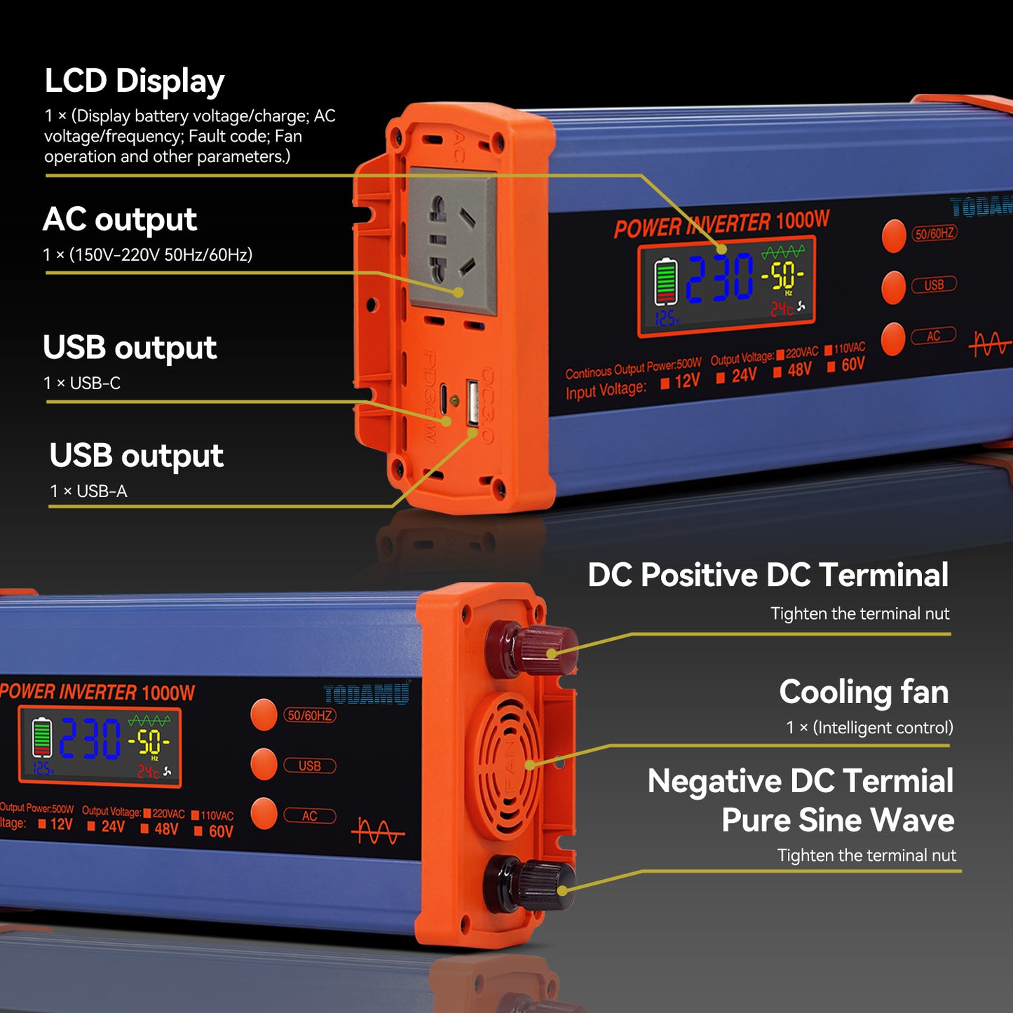 1000W Pure Sine Power Inverter 12V DC to 110V/220V AC,  Full-Function LCD Display