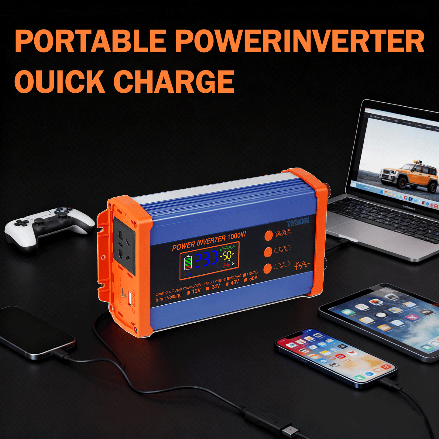 1000W Pure Sine Power Inverter 12V DC to 110V/220V AC,  Full-Function LCD Display