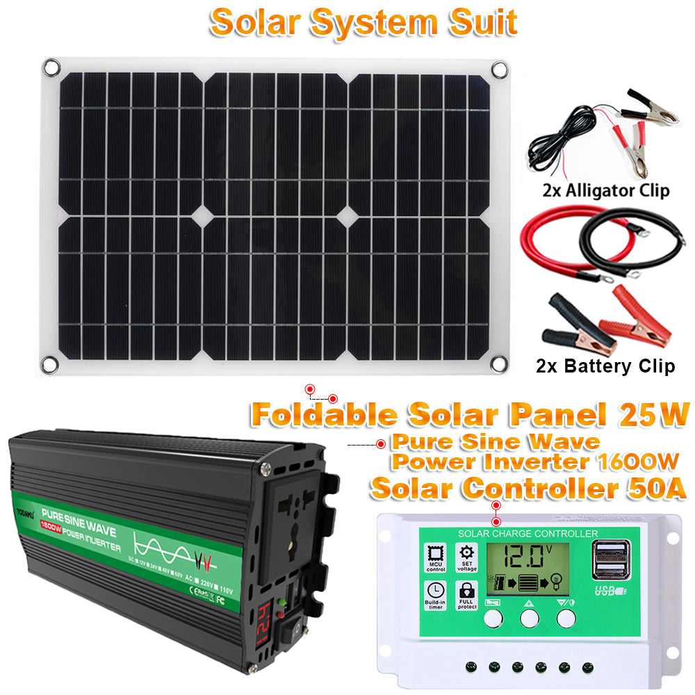 1600W 12V to 110V/220V Pure Sine inverter With Solar Panel and 50A 12V/24V Solar Controller
