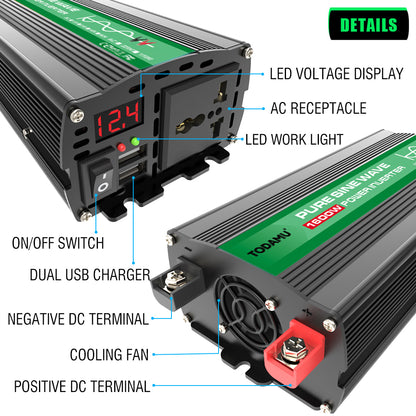 International Plug 1600W Pure Sine Wave Power Inverter