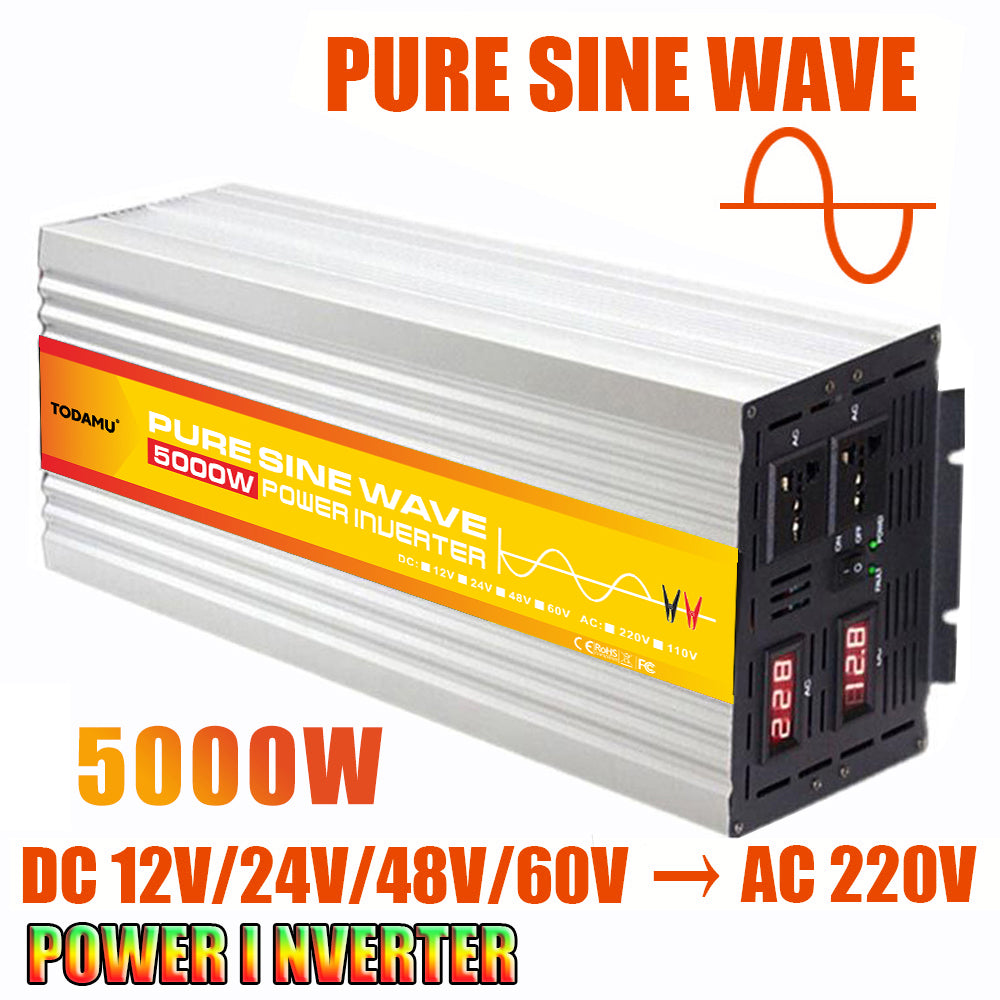Power inverter with 'Pure Sine Wave' label and specifications on a white background