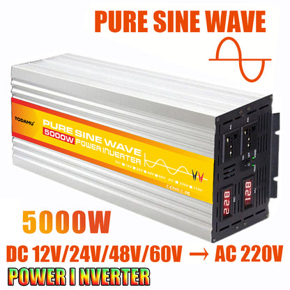 Power inverter with 'Pure Sine Wave' label and specifications on a white background