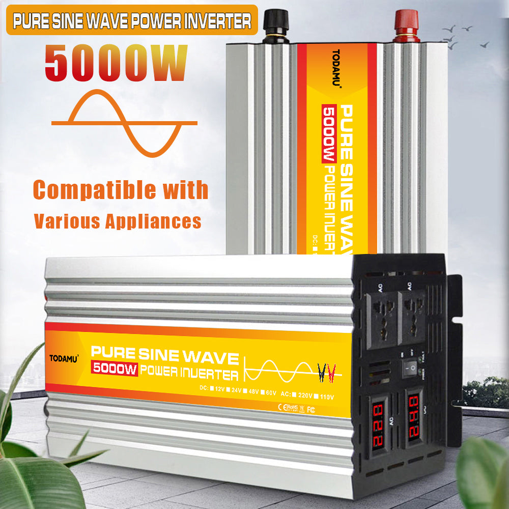 5000W pure sine wave power inverter with multiple outlets on a white background
