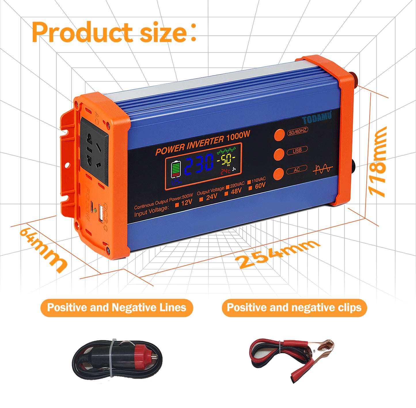 1000W Pure Sine Power Inverter 12V DC to 110V/220V AC,  Full-Function LCD Display