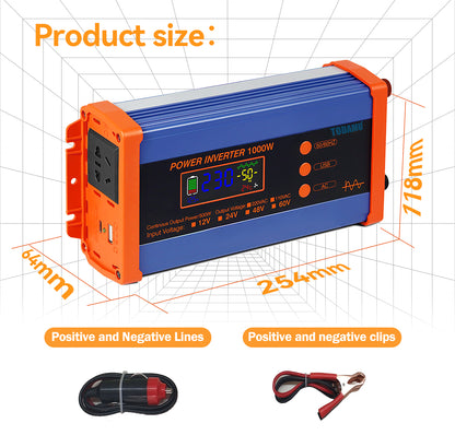 1000W Pure Sine Power Inverter 12V DC to 110V/220V AC,  Full-Function LCD Display
