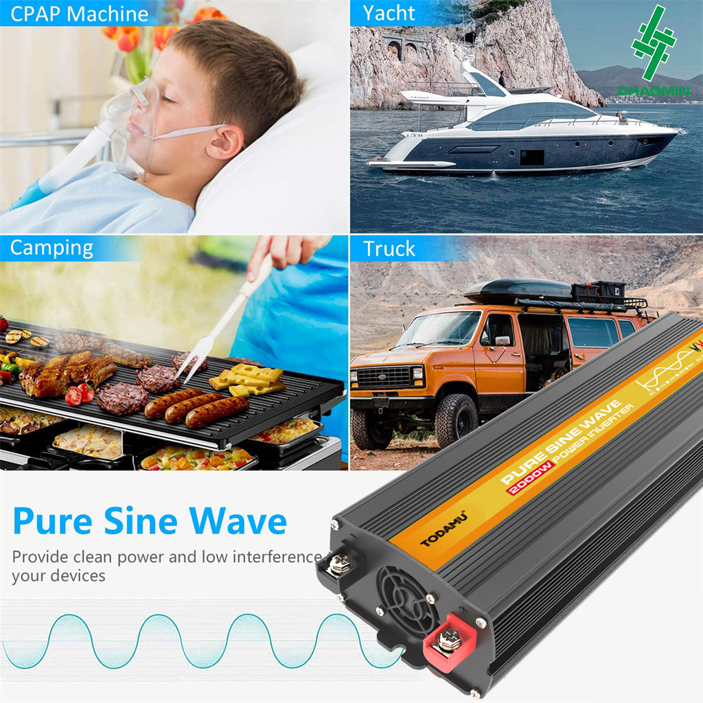 Collage of images including a child with CPAP, yacht, camping scene, truck, and a power inverter with text about pure sine wave.