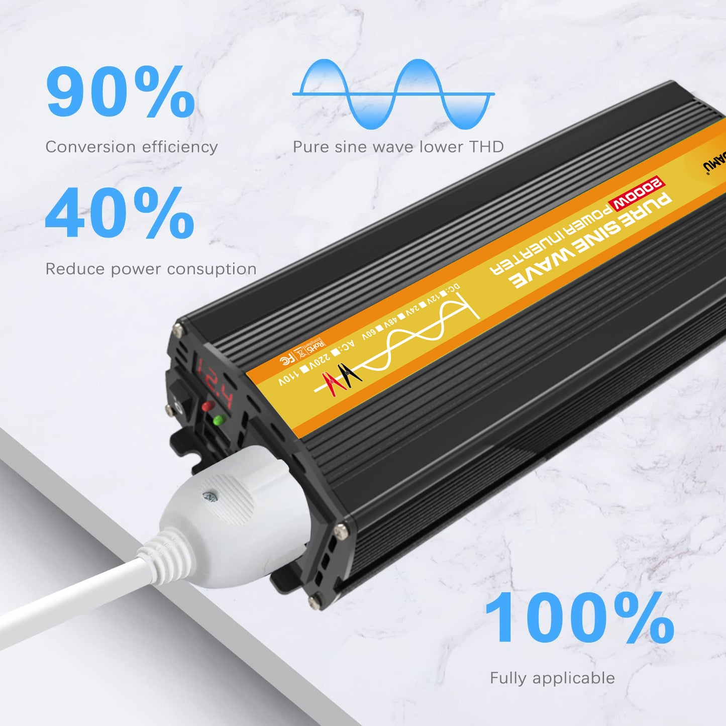 Power inverter with plug on a light gray background, featuring text about conversion efficiency and wave quality.