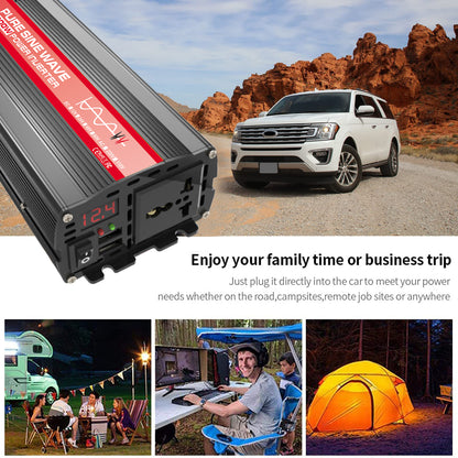 Power inverter with car and outdoor usage scenarios in a desert landscape