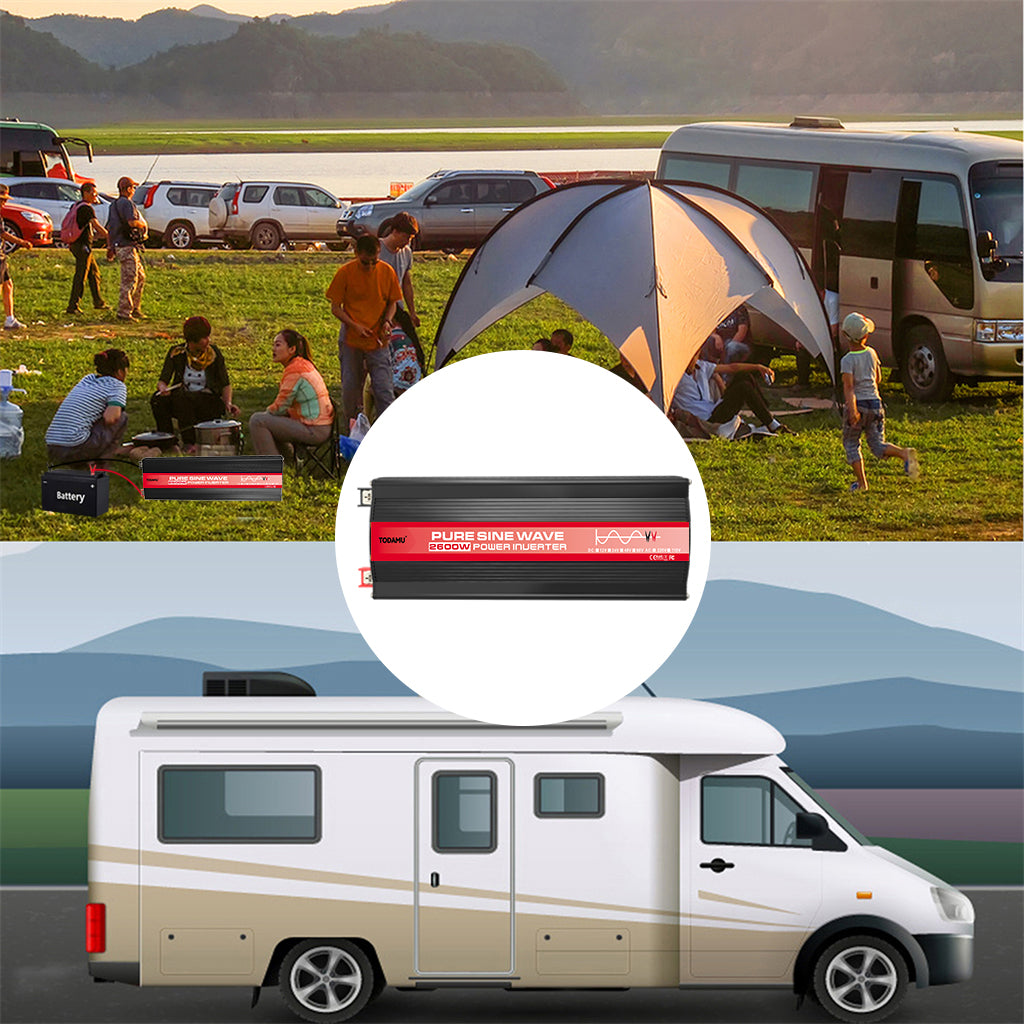 Power inverter with Pure Sine Wave technology displayed over a scenic outdoor setting with people and vehicles.