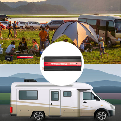 Power inverter with Pure Sine Wave technology displayed over a scenic outdoor setting with people and vehicles.