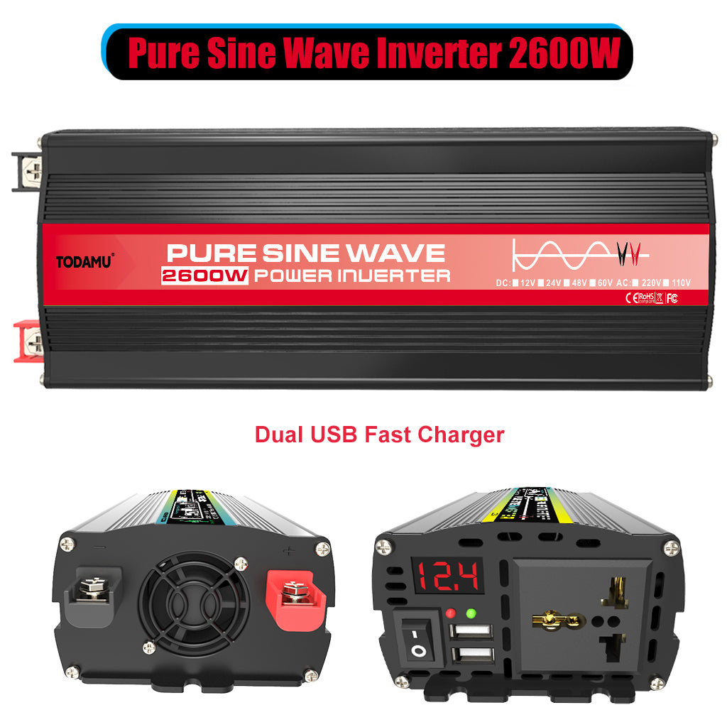 Pure sine wave inverter with dual USB fast charger on a white background
